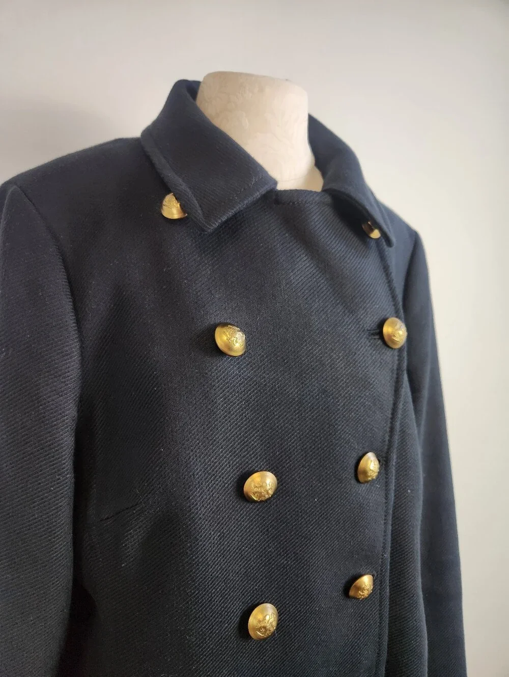 Heavy Cotton Pea Coat Navy Blue Gold Button Double Breasted XL Preppy Heritage - Picture 5 of 16